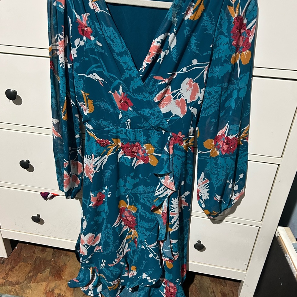 Luxology Teal Floral Long Sleeve Dress